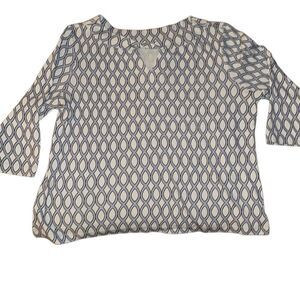 Chico's White Blue Geometric Twist Neck Cotton Convertible Tee Ladies Size 3/XL